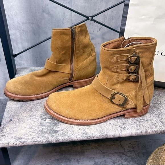 FRYE | Veronica Buckle Strap Suede Short Ankle Biker Moto Boots in ‘Brandy’ - Picture 10 of 13